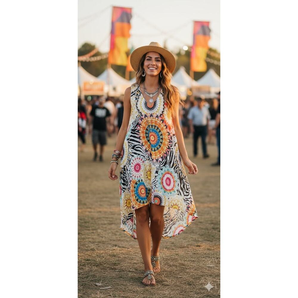 Boho Mandala Zebra Print V-Neck Shift Dress Sleeveless Tunic Festival Flowy V‎